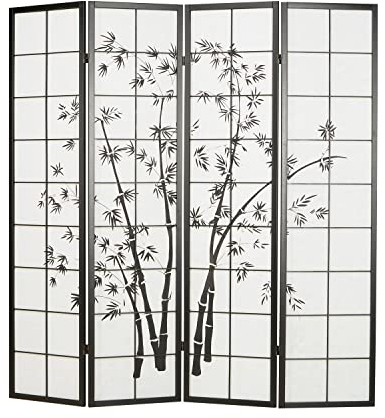 Homestyle4u 286, Paravent Raumteiler 4 teilig, Holz Schwarz, Reispapier Weiß Motiv Bambus, Höhe 179 cm