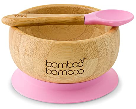 bamboo bamboo Set mit Entwöhnungsschalen und Löffeln für Babys mit Saugring aus Silikon, Schalen für Kleinkinder mit Löffel für Babys ab 6 Monaten (Rosa)