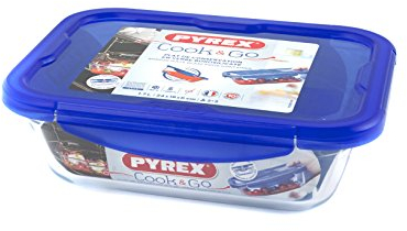 Pyrex 282PG00 Teglia Multiuso Rettangolare con Coperchio Ermetico , Trasparente e Blu, 25X19X6 cm, 1.7 L