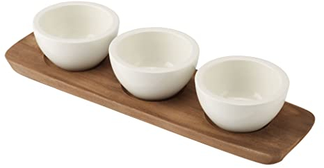 Villeroy & Boch – Artesano Schalenset 4 teilig Weiß, Dipschälchen Set mit Schälchen und Servierplatte, Geschirr Set für Dips und Soßen, Akazienholz, Premium Porzellan