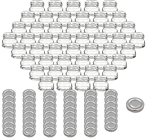 gouveo Set di 48 vasetti per conserve 30 ml Mini con coperchio a vite Argento - Mini vasetti per conservazione con tappo a vite TO43 - Barattoli rotondi per conserve, marmellate, spezie (EGR030S)
