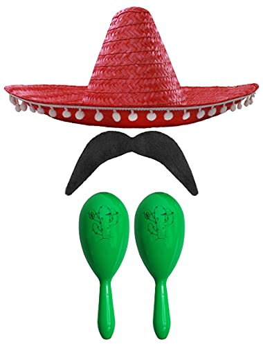 MEXIKANSK FANCY TRÄDGÅRDSTILLBEHÖR. MEXIKAN SOMBRERO MED MARACAS OCH RODDA POM POM SOMBRERO + 2 X gröna MARACAS