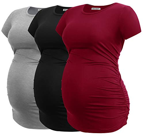 Smallshow Camiseta de Maternidad para Mujer, con Fruncido Lateral, para Embarazo, Negro/Gris Claro/Vino, Large