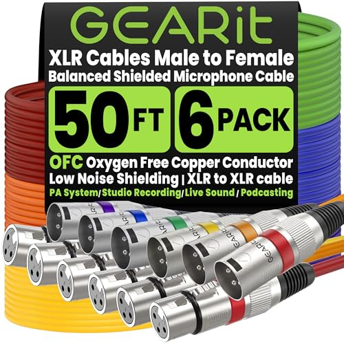 GearIT XLR to XLR Microphone Cable (50 Feet, 6 Pack) XLR Male to Female Mic Cable 3-Pin Balanced Shielded XLR Cable for Mic Mixer, Recording Studio, Podcast - Multi Colored, 50Ft, 6 Pack