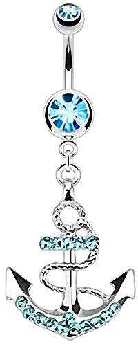 Taffstyle Bauchnabelpiercing Chirurgenstahl Stab Piercing Bauch Bauchnabel Stecker Kugel Anker Anhänger mit Glitzer Kristall Zirkonia Lang Silber Aqua