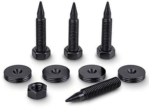 PrecisionGeek – Stahl oxidiert schwarz, M6-Lautsprecherspikes und -Pads aus schwarzem Stahl, Vibrationsdämpfer für HiFi-Systeme, Schränke, Soundbars – Set mit 4 Pads und 4 Spikes
