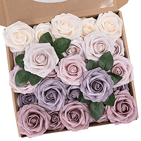 N&T NIETING Künstliche Blumen Rosen, 25 Stück Kunstrosen Blumen Fake Rosen Deko mit Stielen für DIY Hochzeitsfeier, Valentinstag, Muttertag, Babyparty, Zuhause Dekoration, Farbverlauf Lila
