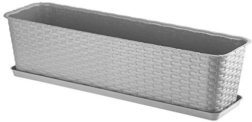 KADAX Blumenkasten 60 cm Hellgrau mit Untersetzer, Rattan-Optik – Pflanzkübel für Balkon oder Terrasse, Stabiler Balkonkasten