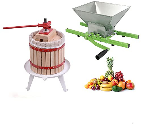 Aufun Presse à Fruits Presse à vin Presse à jus Presse à purée + Moulin à Fruits Hachoir à Fruits Manuel avec manivelle, pour Moulin à Raisins (18L Presse à Fruits + 7L Moulin à Fruits)