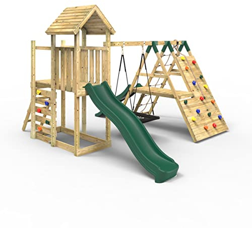 Rebo® Extended Tower Wooden Climbing Frame with Swings and Slide - Crestone | OutdoorToys | Kids' Outdoor Wooden Garden Play Equipment, Children's Jungle Gym