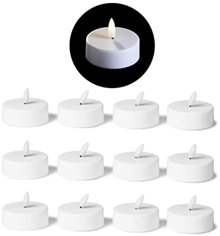 Velas de té LED grandes con temporizador, juego de 12 velas LED de color blanco cálido con llama parpadeante, luz LED grande de 6 cm, plástico, 1 pila CR2032 requerida, LED para pick de velas en