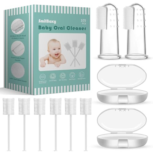 SmilBoxy Spädbarn tungrengörare skidväv 105 st + 2 fingrar spjälsäng baby tandborste med låda, baby munrengörare nyfödd engångs tungrengörare, vård 0-36 månaders babysaker för nyfödda (105)