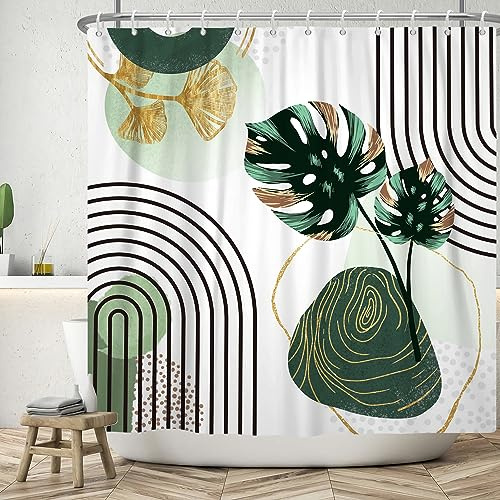 ASDCXZ Boho Blätter Duschvorhang 180x200 cm, Modern Abstrakt Kunst Boho Style Gold Grün Palmen Blätter Bad Waschbar Duschvorhänge Polyester Textil Wasserdicht Badevorhang für Badewanne mit 12 Haken