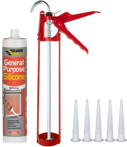 White Silicone Sealant Anti Mould Set - Bundle Includes General Purpose Waterproof Sealant, 11' Inch Caulking Gun, Spare Silicone Nozzles