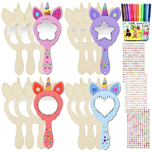 Einhorn Basteln Spiegel Holz, DIY Bastelset Kindergeburtstag, DIY Spiegel | Holzspiegel Zum Bemalen für Kinder, DIY Holzspiegel Handwerk, Mini Holz Prinzessin Spiegel, Mitgebsel Geschenk Party Mädchen