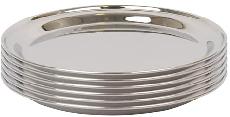 Argon Tableware 35.5cm Serving Platters - 6 Pack - Stainless Steel Chrome Dinner Tray Round Tray Plate Medium Appetizer Serving Dishes for Party, Events, Table Service, Snack Platters