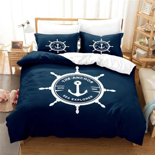 Rodths Bettwäsche 200x200 Marine Anker Ozean Meer Bettbezug 200 x 200 3er Set, Weiche Microfaser Sommerbettwäsche mit ReißVerschluss, 2 Kissenbezug 80x80 cm, Bügelfreie Wendebettwäsche