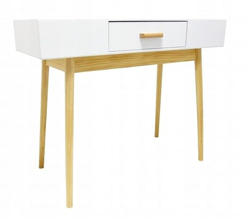 VBChome Mesa consola de 100 x 40 x 79 cm, color blanco y madera, 1 cajón, estilo escandinavo