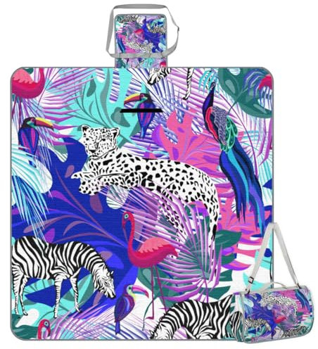 Mularoka Picknickdecke, Zebra-Leopardenmuster, Flamingo, wasserdicht, sanddicht, faltbar, Stranddecke, 150 x 145 cm, extra groß, tragbar, waschbar, Outdoor-Matte für Camping, Park, Gras, Wandern,