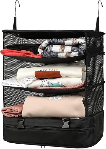 NCONCO Reisegepäck Organizer, Tragbare Reiseregaltasche Koffer- Packwürfel mit 3 Ablagen, Zusammenklappbar Hängend Aufbewahrungstasche für den Schrank Platzsparend