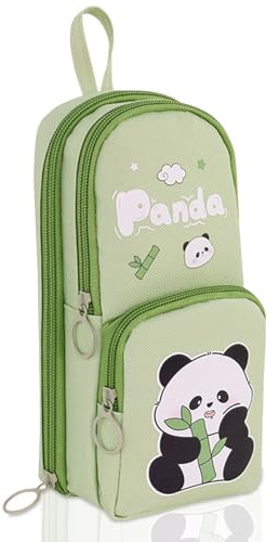 KU Astuccio portapenne, motivo cartoni animati, grande, 3 scomparti, grande capacità, per studenti e bambini, multifunzione, scuola e ufficio, verde