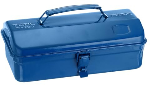 sourcing map Cassetta degli attrezzi portatile in acciaio da 29 cm, stile tetto a fianco con chiusura in metallo, cassetta degli attrezzi per casa, officina, auto, blu