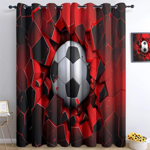 Tende Calcio Astratto Fantasy Motivo Tenda Morbida Termica Isolante per Soggiorno Camera con Occhielli per Camera da Letto e Soggiorno Elegante 70L x 145A cm (2 Pannelli), Rosso Nero