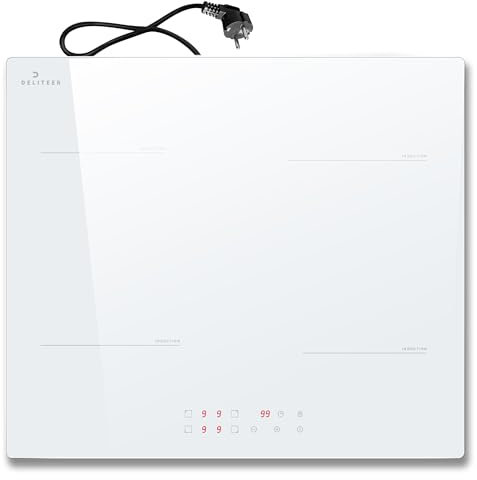 DELITEER Piano Cottura Induzione 4 Fuochi, Piano Cottura a Induzione Bianco 3500W, Piano Cottura da Incasso 59CM Con Spina, 9 Livelli di Potenza, Blocco di Sicurezza, Controllo Tattile, 220V