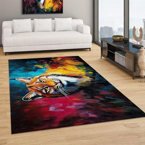 DLERFLOVR Abstraktes Ölgemälde Teppich Wohnzimmer - 240×300Cm rutschfest Kurzflor Schlafzimmer Teppich, Waschbar Tiger Bettvorleger Teppiche Für Büro Bereich Dekor Kurzflor Teppich