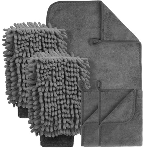 flintronic 5 Pezzi Kit Pulizia Auto Interni, con 3 Pezzi Panno Microfibra Auto e 2 PCS Guanto Lavaggio, 600 GSM Panno e Guanti morbidi a doppia faccia, Senza Graffi per Cura Moto