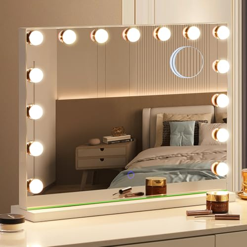Amifiy Hollywood Vanity Mirror with Lights, 23x18 Lighted Makeup Mirror with 10x Magnification for Desk/Wall Mount, 15 Led Bulbs, 3 Lighting Modes for College Dorm, Bedroom, Dressing Room