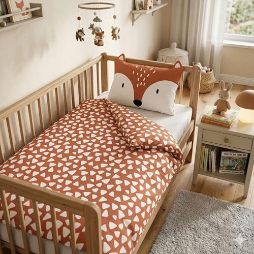 Familando – Baby Bettwäsche-Set mit Ohren (2-teilig) – Decken- & Kissenbezug 100x135 cm & 40x60 cm – 100% Baumwolle – mit Fuchs & Tieren – Atmungsaktiv, temperaturregelnd, Öko-TEX Zertifizirt