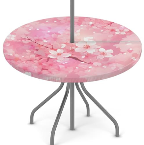 Woltant Nappe ronde avec trou de parasol et fermeture éclair facile à nettoyer avec bords élastiques - Protection de table d'extérieur pour jardin, terrasse, barbecue (fleurs de cerisier japonaises