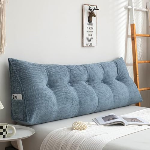 Rückenkissen Bett 180 cm, Lesekissen für Bett und Sofa, Groß Keilkissen Rückenstützkissen mit Abnehmbarem Waschbarem Bezug, Sitzkissen Bett Rücken mit Praktischem Seitenfach,Blau