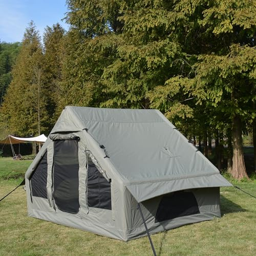 Gegtuon Zelt 4 Personen, Aufblasbares Zelt, Zelte mit Dachfenster Fliegengitter und Luftpumpe für Camping, Zelte Wasserdicht Familienzelt mit Kaminöffnung, 300x210x200 cm, Oxford+PVC (Militärgrün)