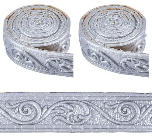 CRASPIRE 2Pcs 88.6x1.97in Crown Silver Gray Molding Trim Self Adhesive Peel and Stick Foam 3D Floral Flexible Edging Lines Baseboard Wall Skirting Stickers for Wallpaper Mirror Ceiling Hotel DIY Decor