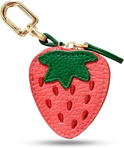 Soiftra Taschenanhänger mit Münzgeldbörse, Erdbeer Design PU Leder Coin Purse, Mini Portemonnaie mit Reißverschluss (7x6x2.5cm) - Ideales für Mädchen & Frauen zu Weihnachten & Halloween