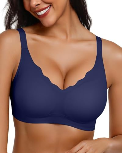 Adisputent Sujetadores sin aros para mujer, sin aros, sin costuras, cómodo, suave, acolchado, deportivo, para mujer, cobertura completa, para uso diario, azul marino, L