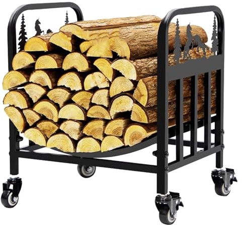 GTPBAO Estante para Leña Leñeros De Hierro Forjado con Ruedas, 42×32×48cm, Soporte para Leña para Fogatas De Patio, Estufas De Leña y Hogares