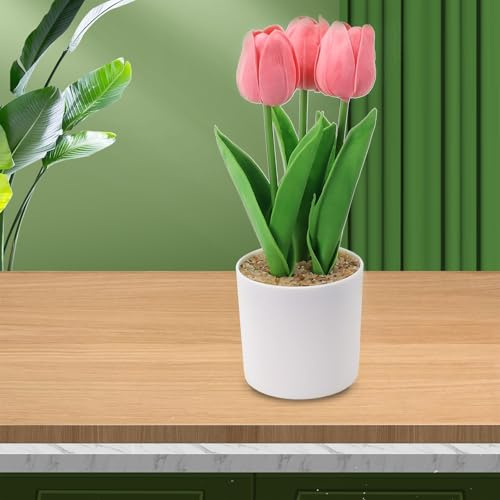Zeroupshop Fiori artificiali di tulipano in vaso, piante finte con 3 teste realistiche in vaso di plastica, per casa, ufficio, festa di nozze, decorazione da giardino (rosa)