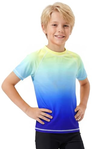 JinBei Schwimmshirt Jungen Rashguard Kinder Rundhals Badeshirt UV Shirt Schnelltrocknend Kurzarm T-Shirt Sonnenschutz Bademode Blau Farbverlauf für Surfen Schwimmen Sport, 8-9 Jahre