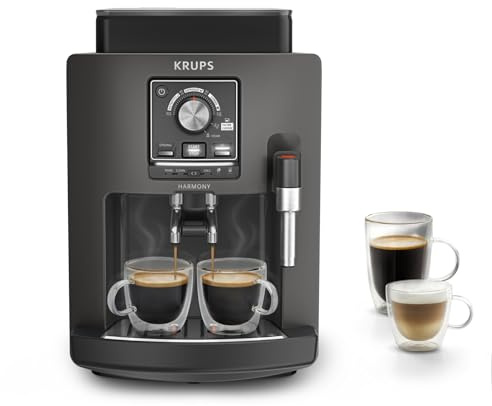 KRUPS - Harmony - Machine Espresso Automatique Grise - 4 recettes - 15 bars | Cafetière a grain pour ristretto - Espresso - Lungo et cappuccino - Mousseur manuel - Nettoyage automatique - Format compact