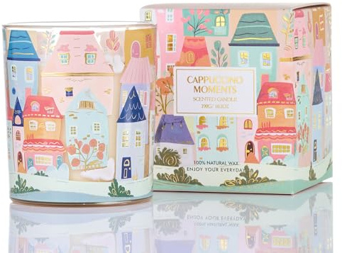 M&SENSE Doftljus i glas Cappuccino Momente - 290 g - Naturlig sojavaxljus - Brännvaraktighet 55 timmar - Handmålad arkitekturgraffiti - Present till kvinnor