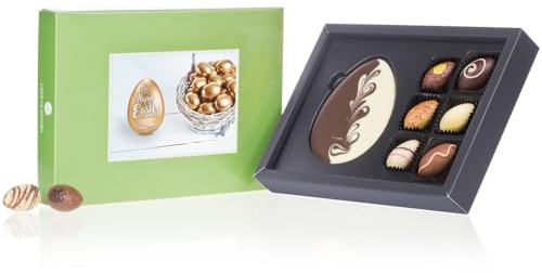 CHOCOLISSIMO - Lujoso Regalo de Pascua - 6 Finos Bombones y Una Tableta de Chocolate en Forma de Huevo de Pascua de Chocolate Negro y Blanco - Exquisita Mezcla de Chocolates para Entendidos