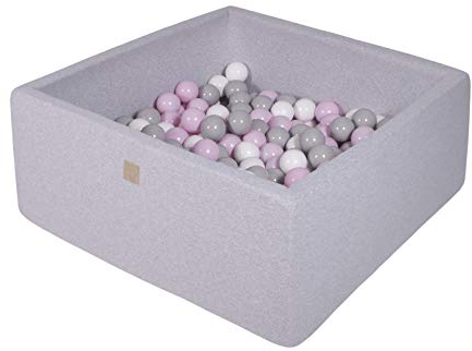 MEOWBABY Bällebad Baby ab 1 Jahr – Quadratisches 90x90x40cm Bällebad Kinder – Weiches Bällebecken aus Schaumstoff mit 200 Bälle, Cotton, Hellgrau