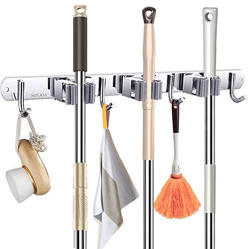 Wandhalterung für Besen und Mopp, robust, mit 3 Racken, 4 Haken, Mop- Besen-Aufbewahrung, Organizer, Aufhänger, Metall Edelstahl, Wandmontage, Organizer Werkzeuge Garten, Bad, Küche, Büro, Schrank...