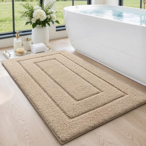 DEXI Halkfri Badmatta, Mjuk Mikrofiber Badrumsmatta, Vattenabsorberande, Maskintvättbar, Extra Tjock Duschmatta för Badrum, 60 x 110 cm, Beige | Icke-fällande, tjock, mikrofiber, extra mjuka, absorberande badrumsmattor, duschgolv, badkar, handfat
