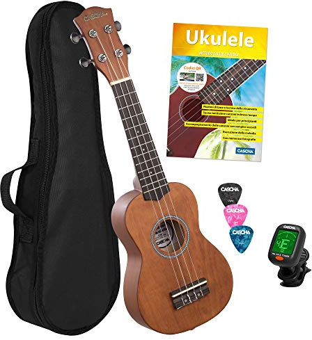 CASCHA Sopran Ukulele Set Italienisch für Kinder & Erwachsene I Starter Kit mit 3 Plektren Tasche Lehrbuch Lernvideos über QR-Code I Stimmgerät I Aquila Saiten I Kleine Hawaii Gitarre I Cappuccino, 0