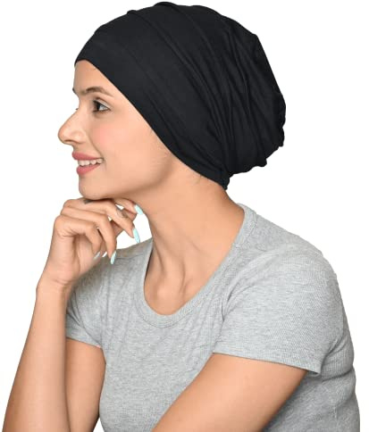 SAKUCHI Dam Chemo Bambu slouchy Snood Beanie turban huvudbonad hatt för cancerpatienter håravfall, svart, one size
