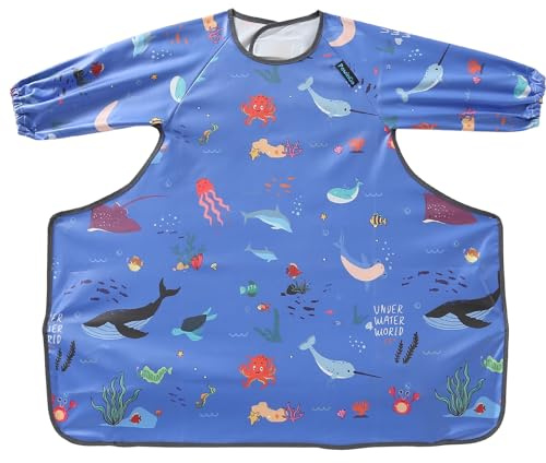 PewinGo Bavoir Bebe & de Sevrage Avec Manches, Se Fixe à Votre Chaise Haute, Imperméable, Confortable et Doux pour BLW Mess - 6 à 30 Mois - Bleu